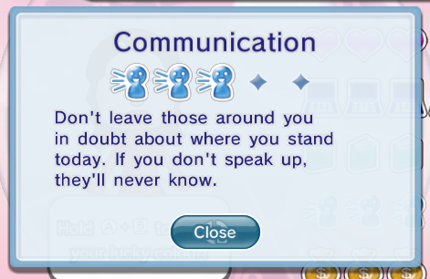 Screenshot of a notification from The Sims 3, which reads 'Don't leave those around you in doubt about where you stand today. If you don't speak up, they'll never know.' Apt.